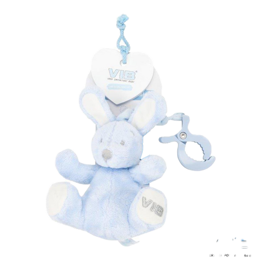 Pluche konijn met trekkoord en clip (zittend) blauw